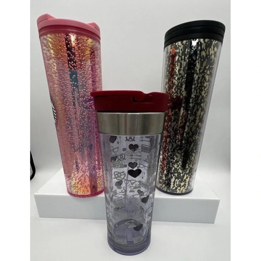 3 Starbucks Tumbler Lot 2009 Retro 12oz, 2 16oz Black Gold Foil & Pink Bubbles